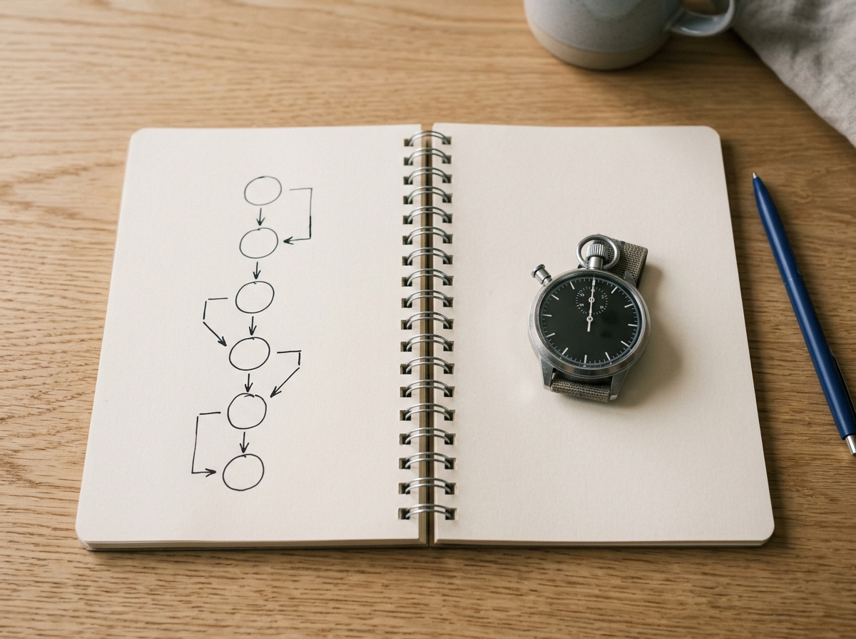 An open notebook showing an unlabelled flow sketch beside a stopwatch, planning batched WhatsApp sends