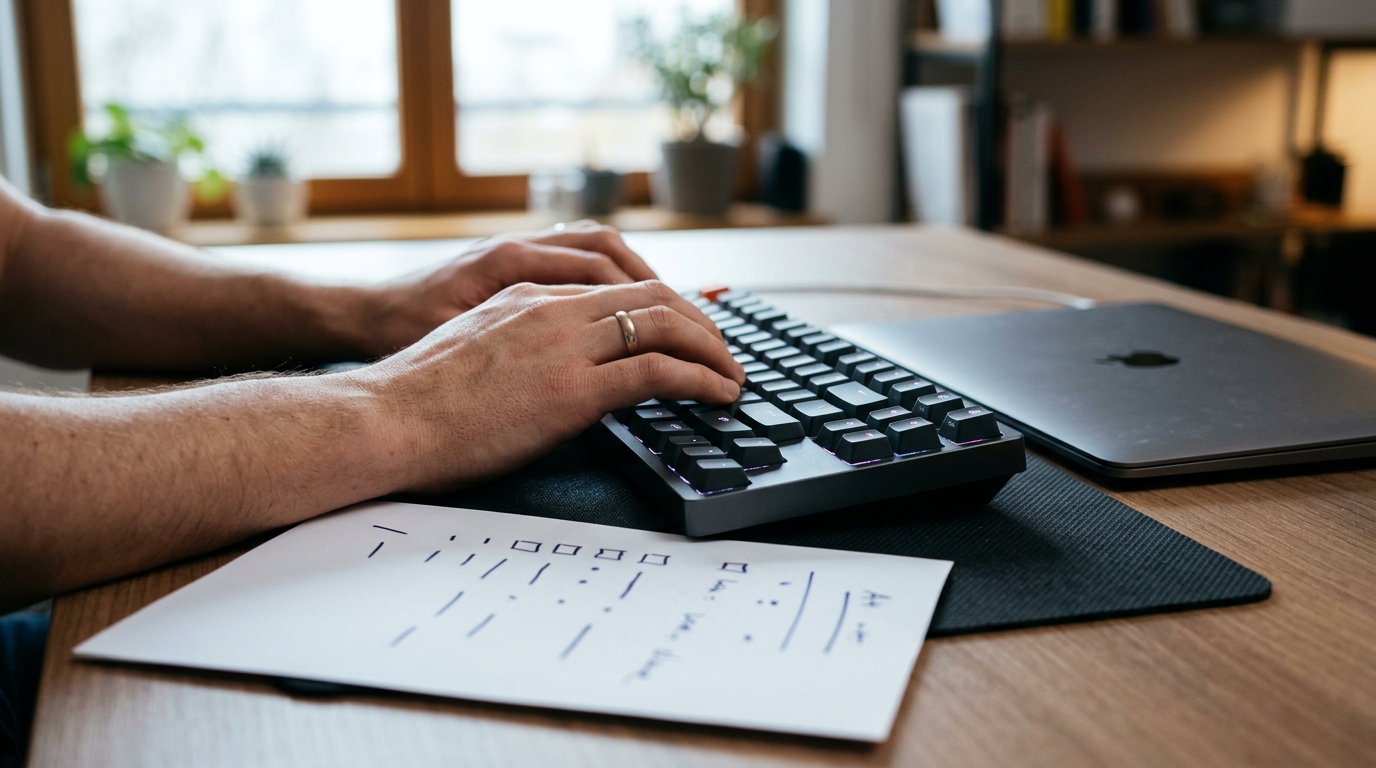 Hands on a keyboard beside a sheet of handwritten notes, setting up an HTTP request node