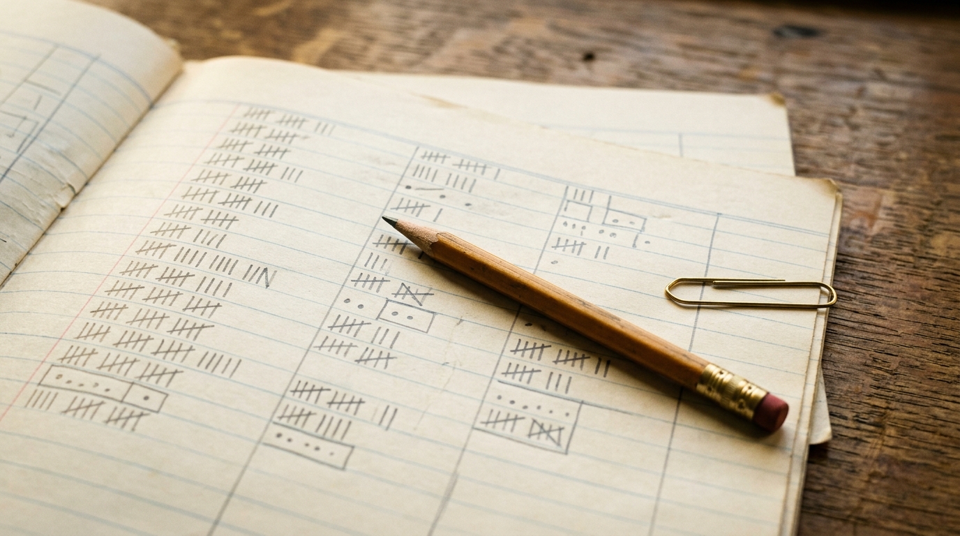 A paper ledger marked with pencil tally strokes, representing counting per-task automation costs