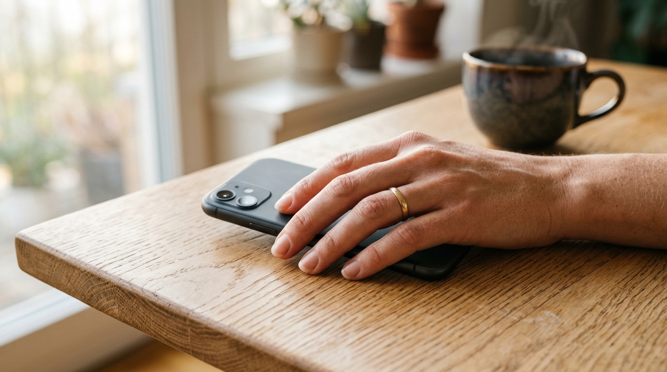 Close-up of a hand holding a smartphone on a wooden desk suggesting waiting for a read receipt