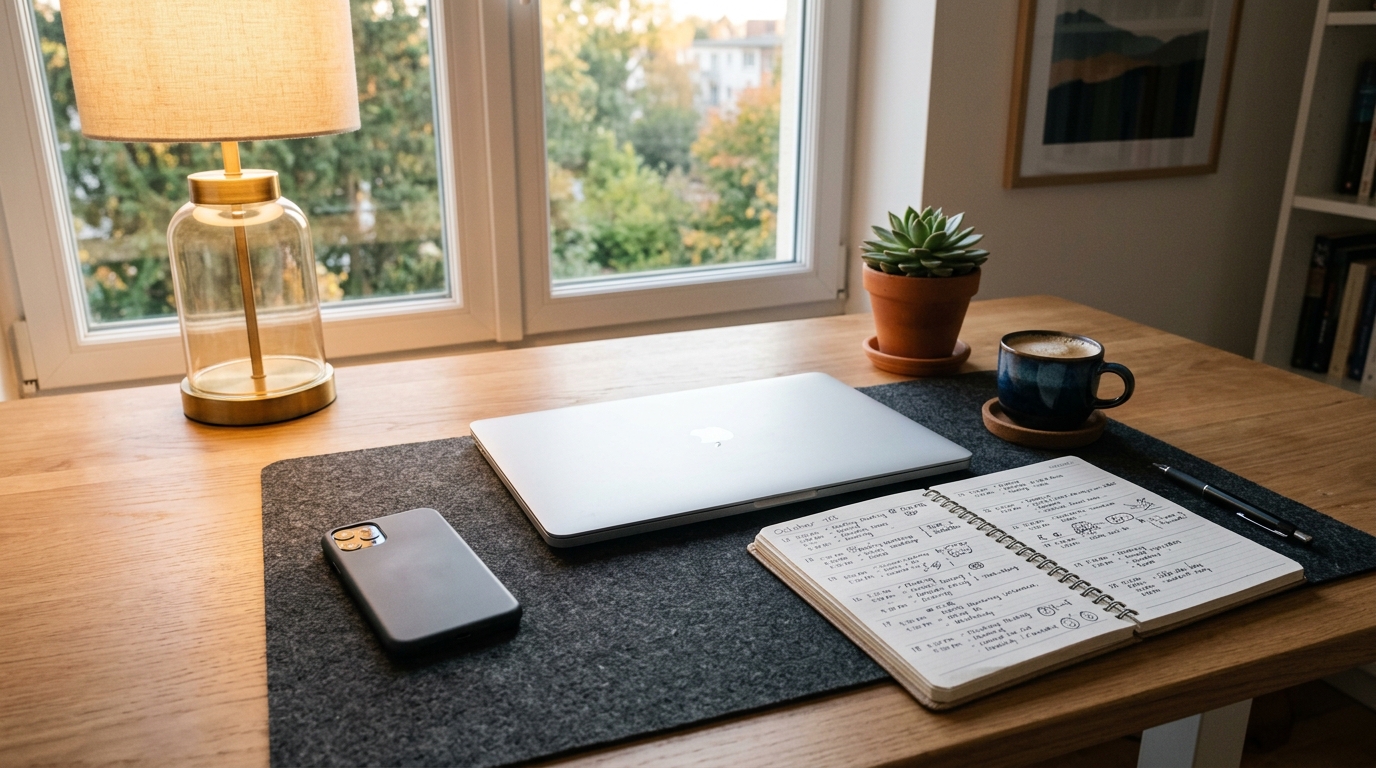 Person working at a laptop in a home office focused on the screen while a phone sits beside the keyboard
