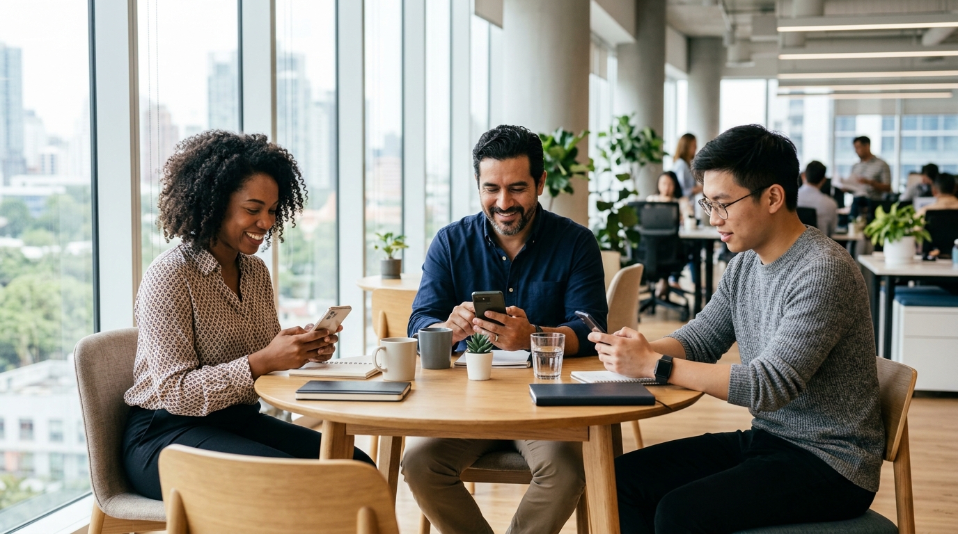 Small group of coworkers around a table each checking their phones in a casual office