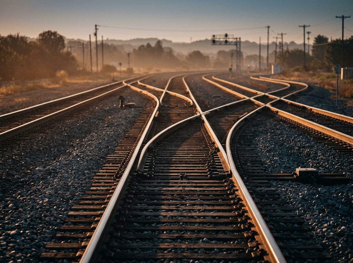 Four railway tracks diverging at a junction at golden hour, four routes to a WhatsApp AI agent