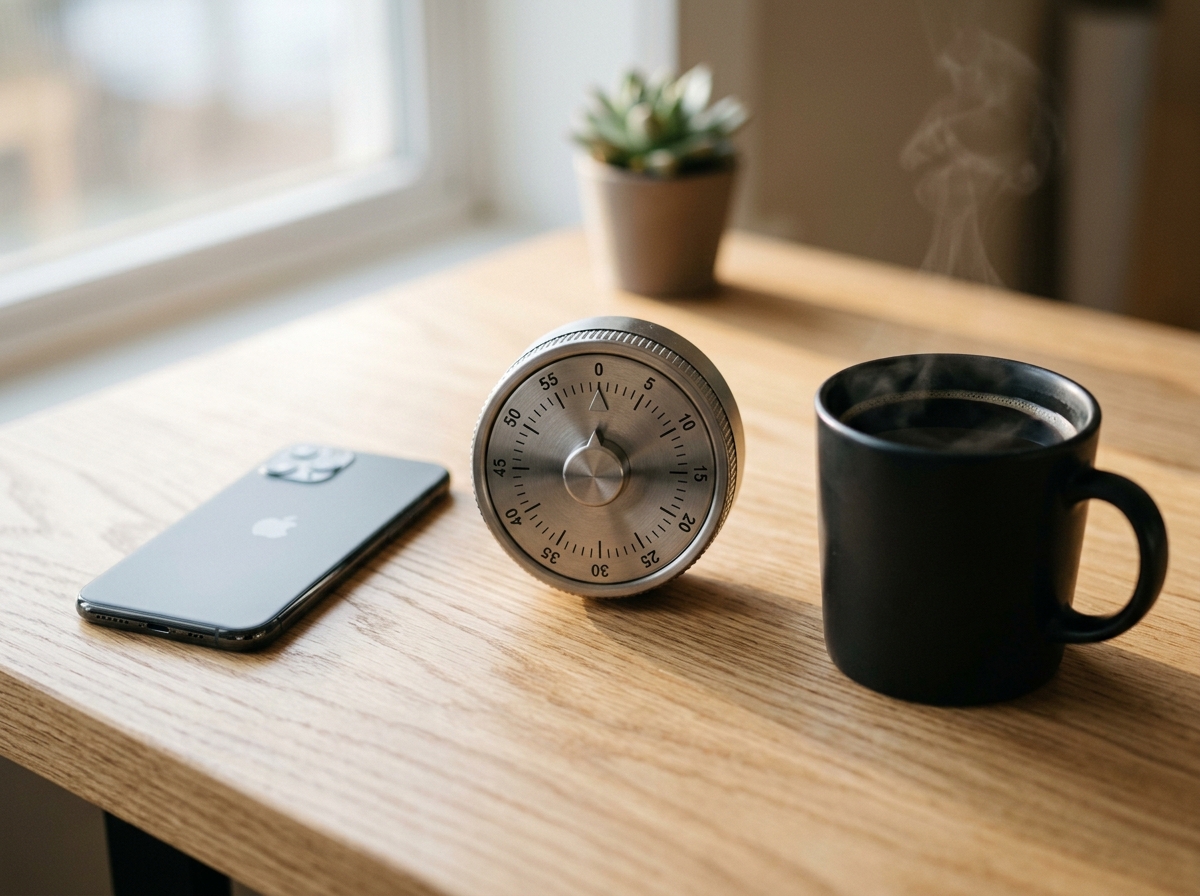 Face-down phone beside a mechanical kitchen timer and coffee on a tidy desk, timing a ten-minute setup