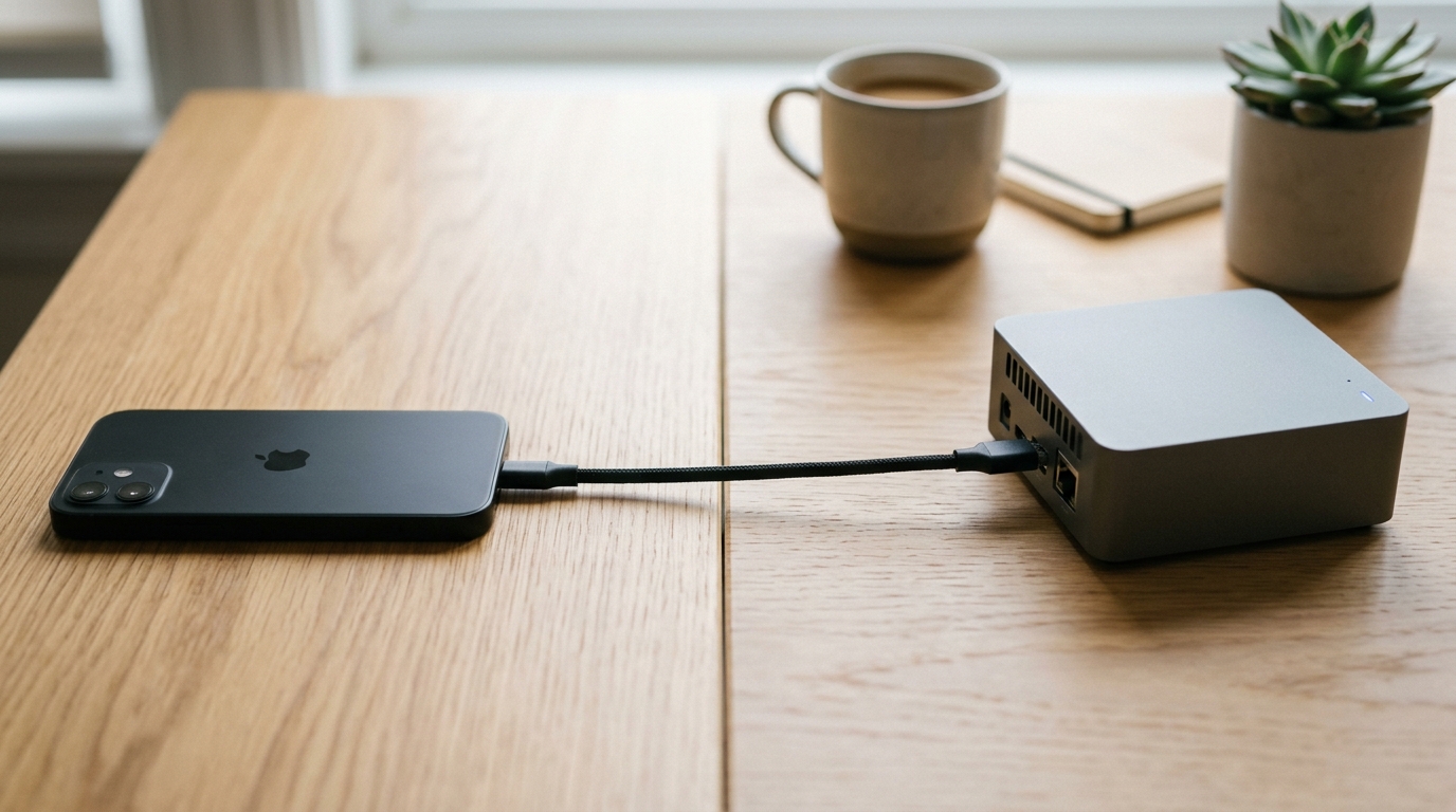 A calm split workspace with a phone on one side and a small server on the other, joined by one clean cable, the own-number Elixir send path