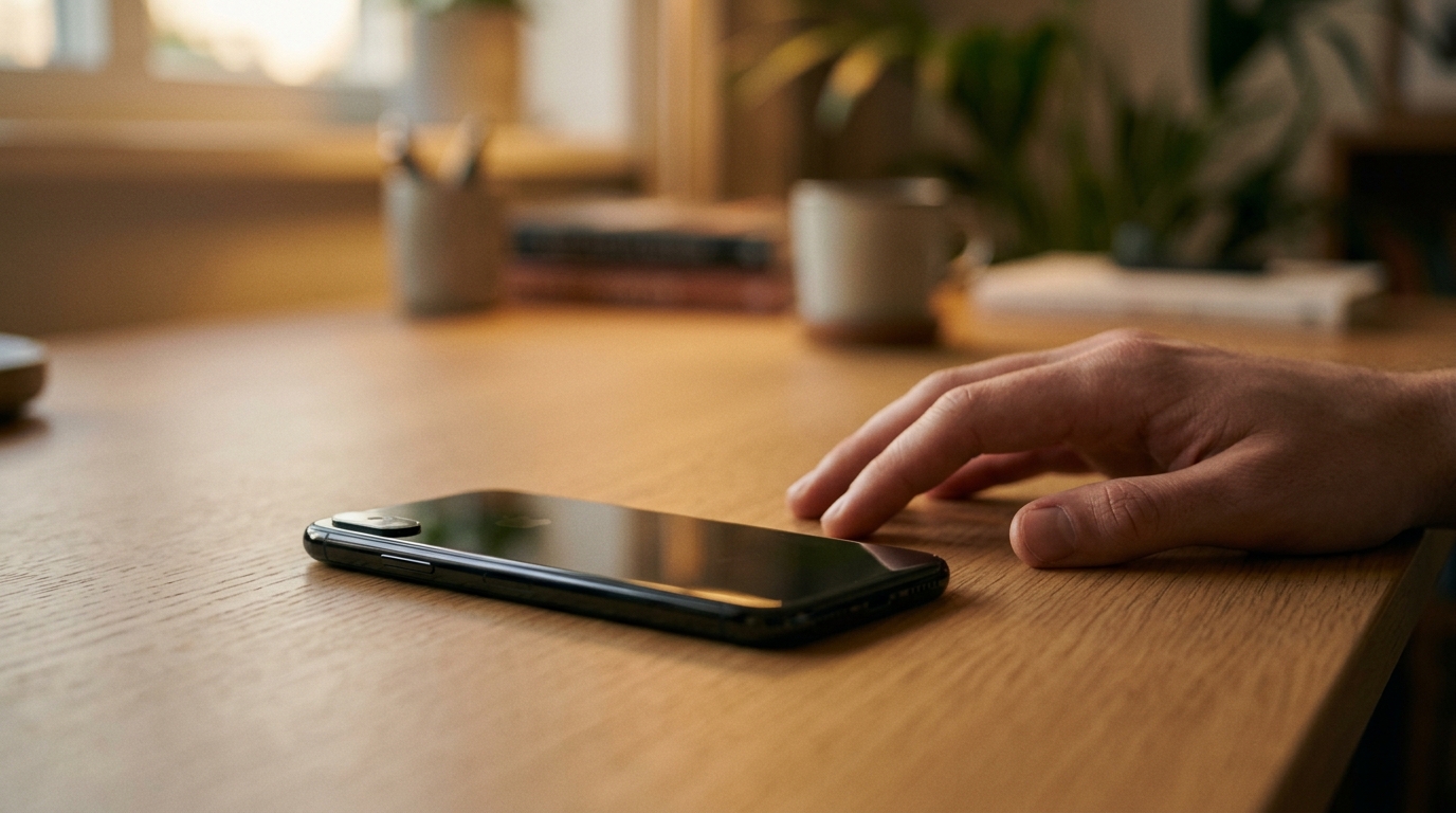 A smartphone face-down on a calm wooden desk beside a relaxed hand, a WhatsApp send confirmed from an Elixir workflow