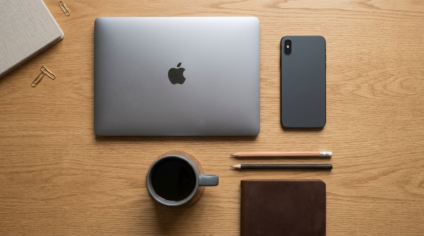 Overhead flat-lay of an orderly desk with a closed laptop lid, a face-down phone, and a coffee mug, suggesting a steady background process