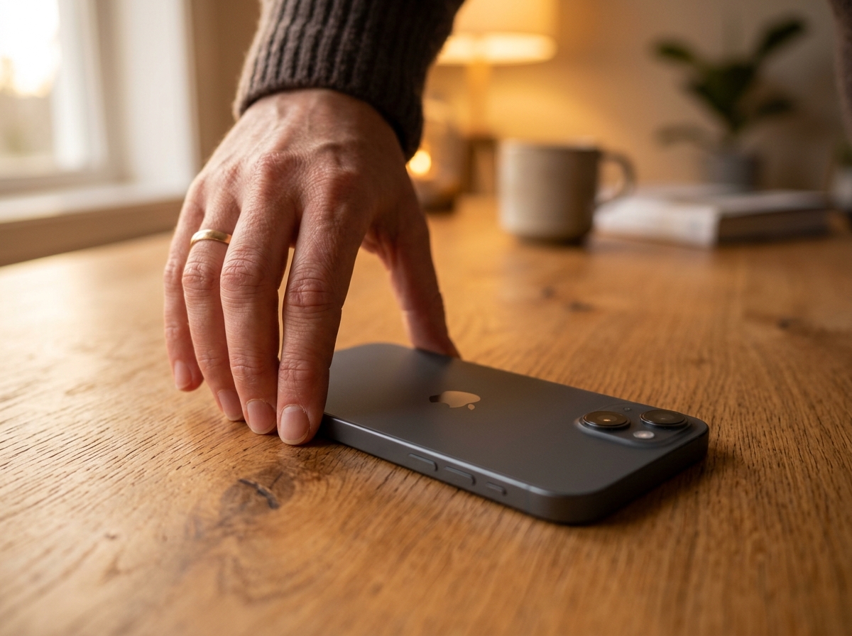 A hand reaching for a smartphone lying face-down on a warm wooden desk in evening light, the screen not visible