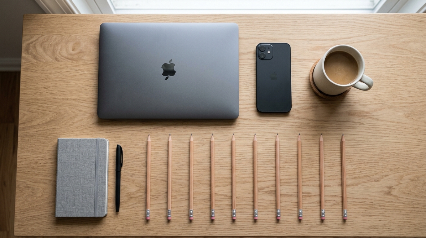 A tidy flat-lay with a closed laptop, a face-down phone, coffee, and one neat evenly-spaced row of identical pencils