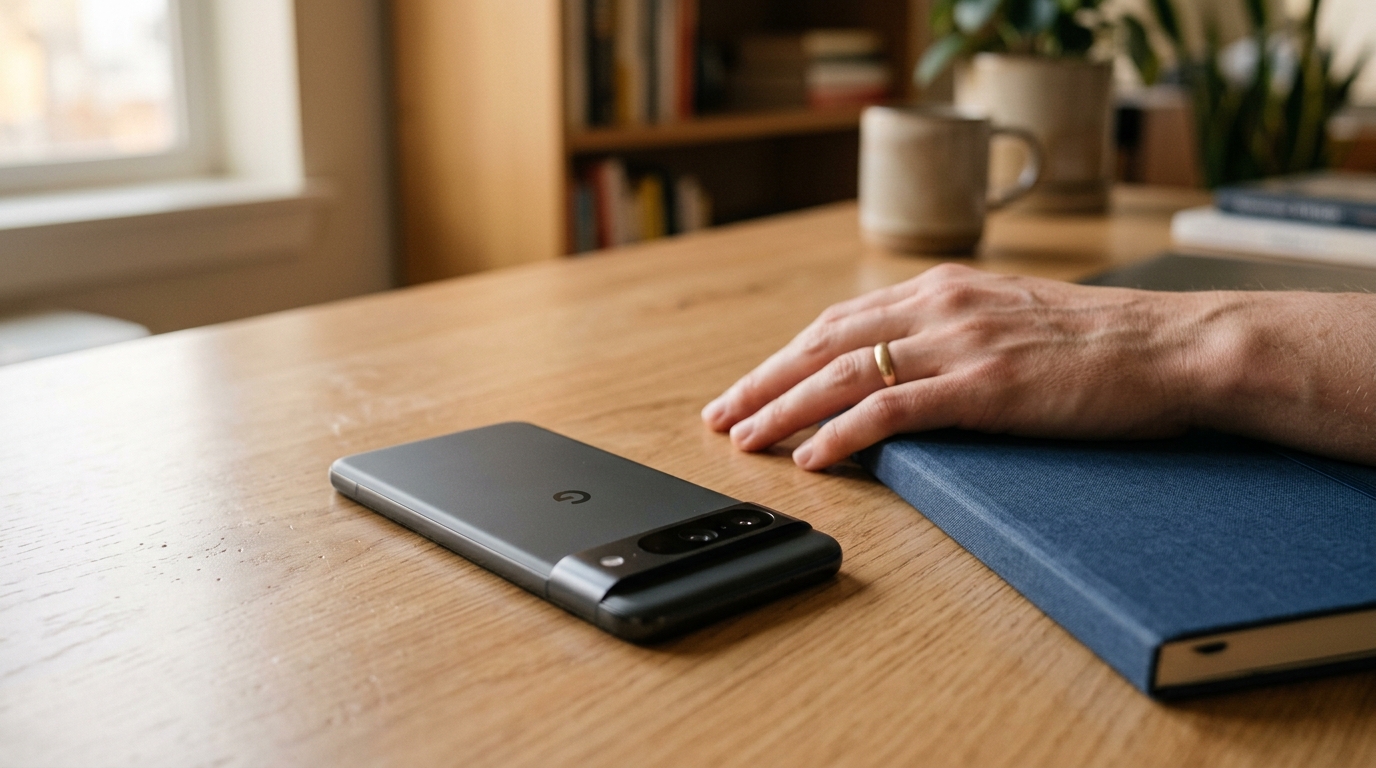 A smartphone face-down on a calm wooden desk beside a hand and a closed notebook, a whatsapp api kotlin send confirmed