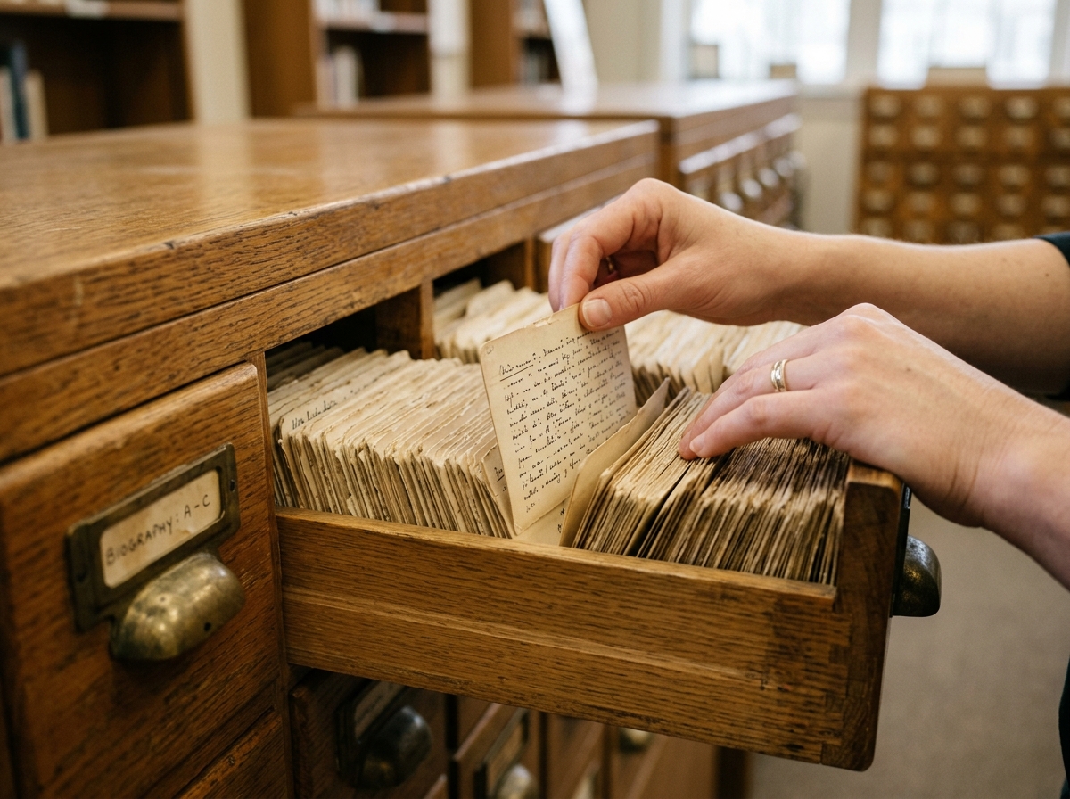 Hands pulling one index card from a long library catalogue drawer, an analogue chat list lookup