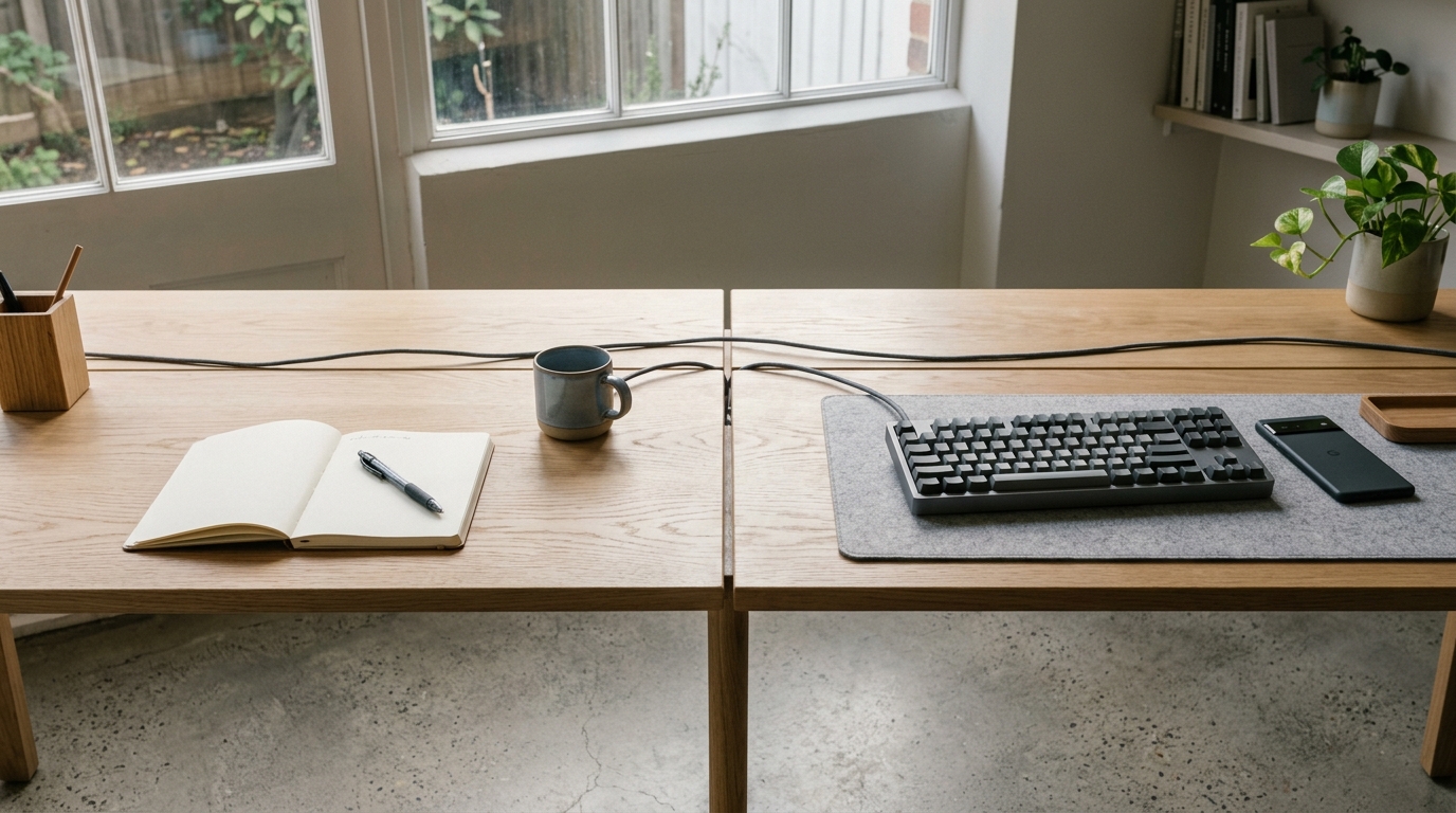 Two adjacent workstations connected by a single cable, the read then act loop on one WhatsApp number