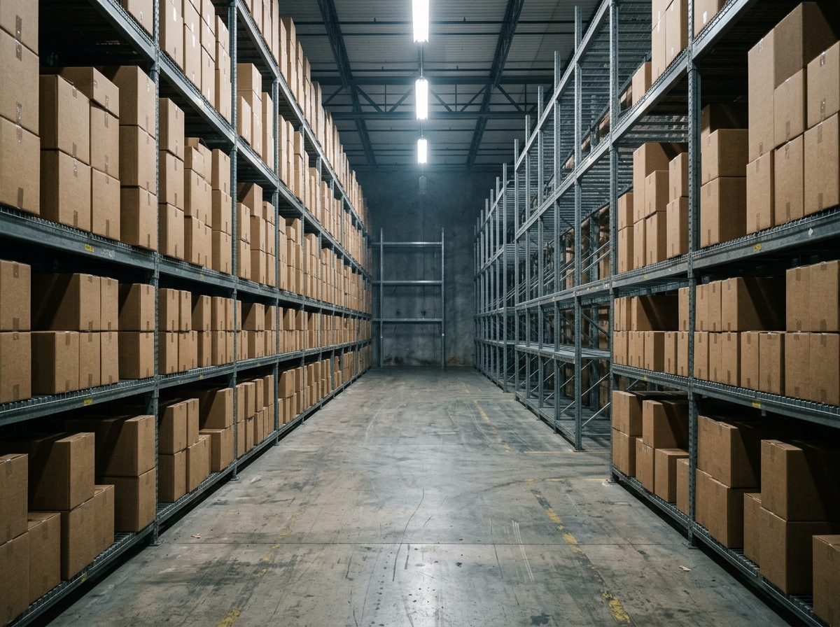 Half-stocked warehouse shelf with the far end empty, illustrating truncated WhatsApp chat history