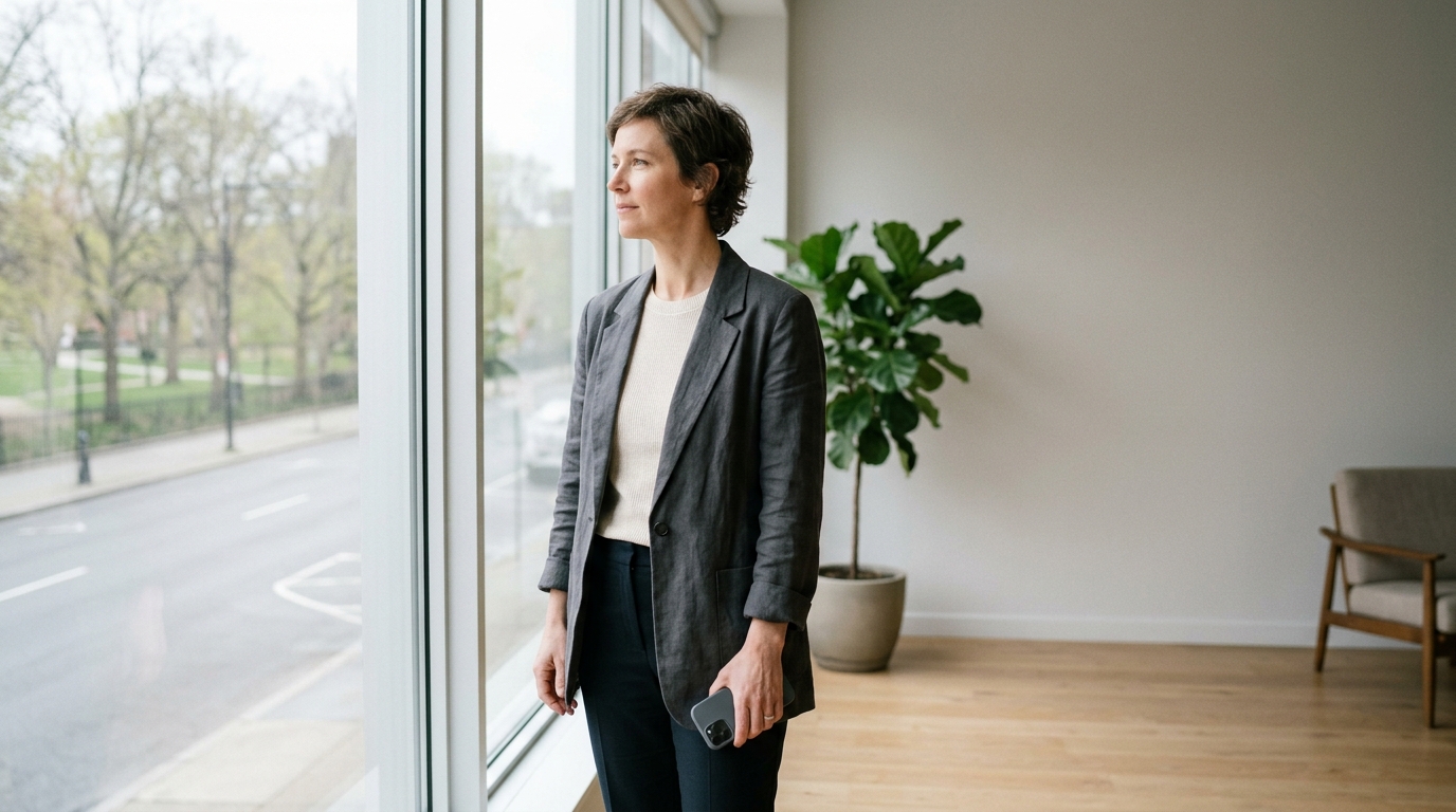 Business owner standing by a large window in a minimal room, phone face-down at their side, looking out calmly