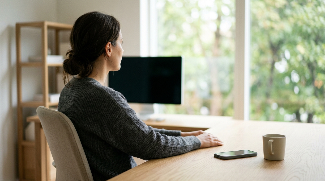 Person at a bare desk by a bright window with a phone face-down and a coffee mug, calm morning light