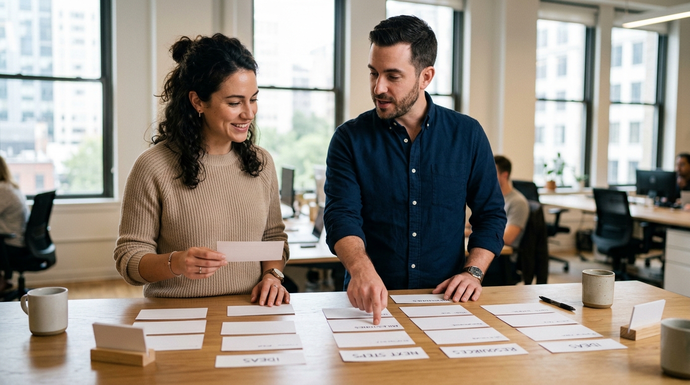 Two colleagues mapping a WhatsApp tool decision on paper cards at a meeting table