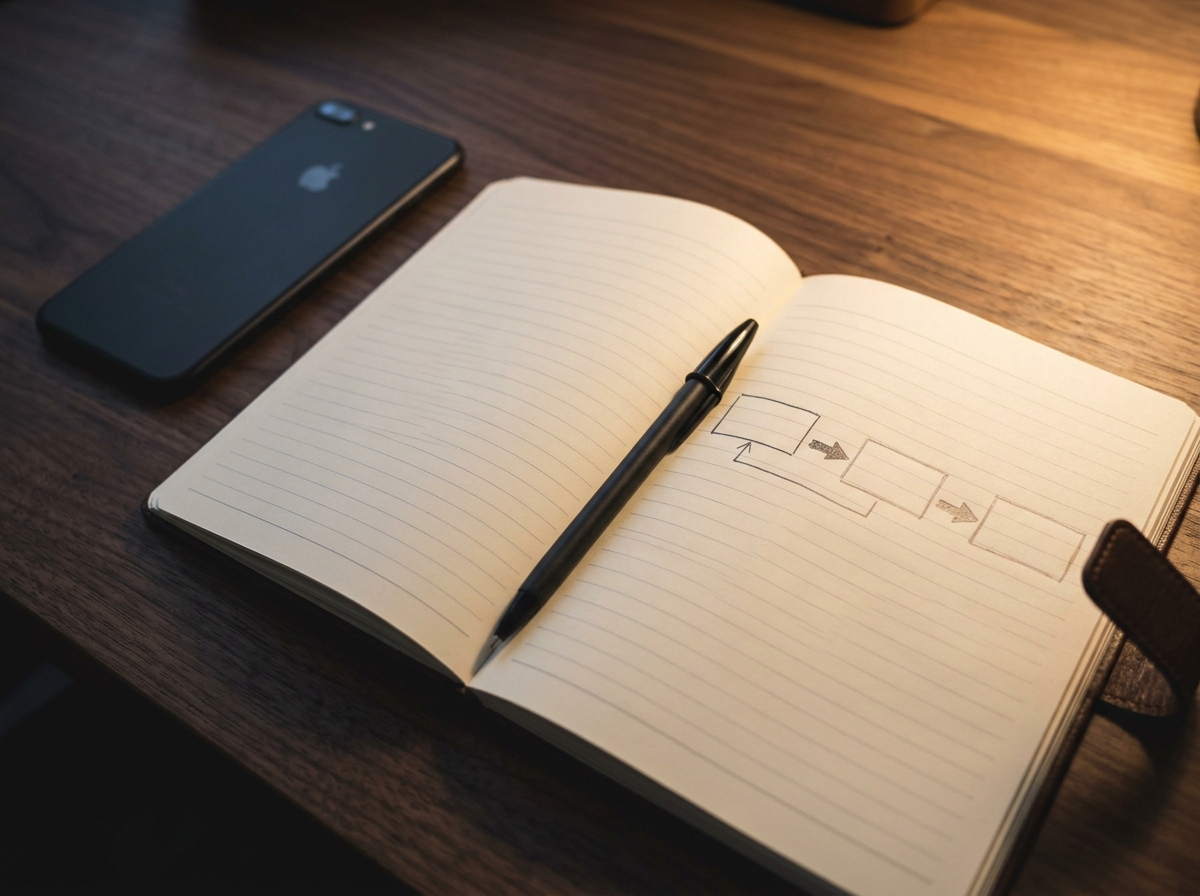 A face-down smartphone beside a handwritten notebook, representing sending from your own WhatsApp number