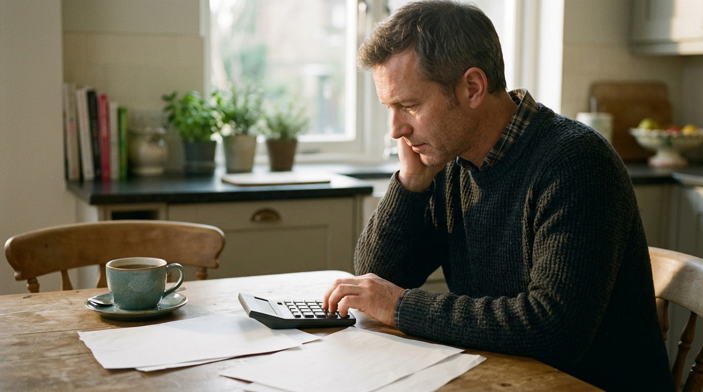Small business owner working through WhatsApp API pricing models with a calculator and printed invoices
