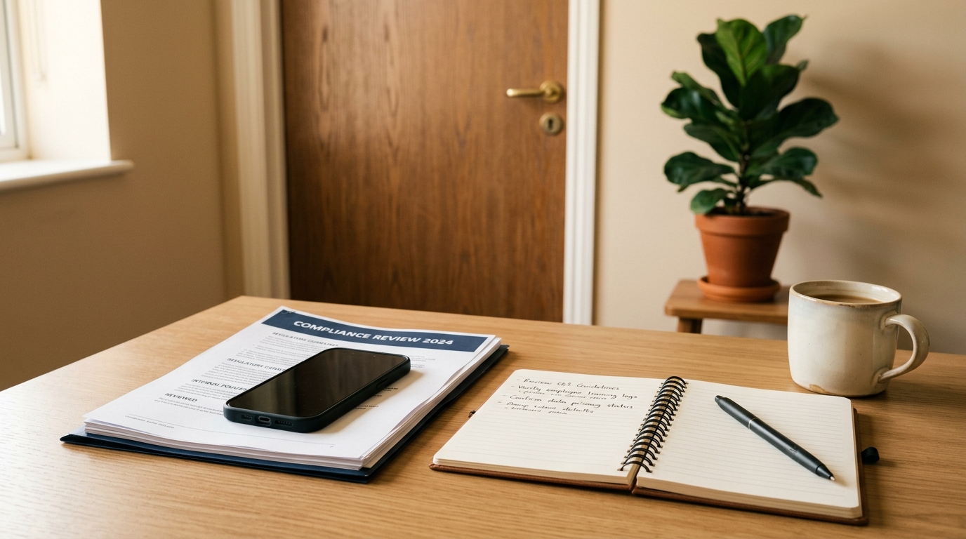 Enterprise workspace with phone, documents, and compliance review materials on a desk