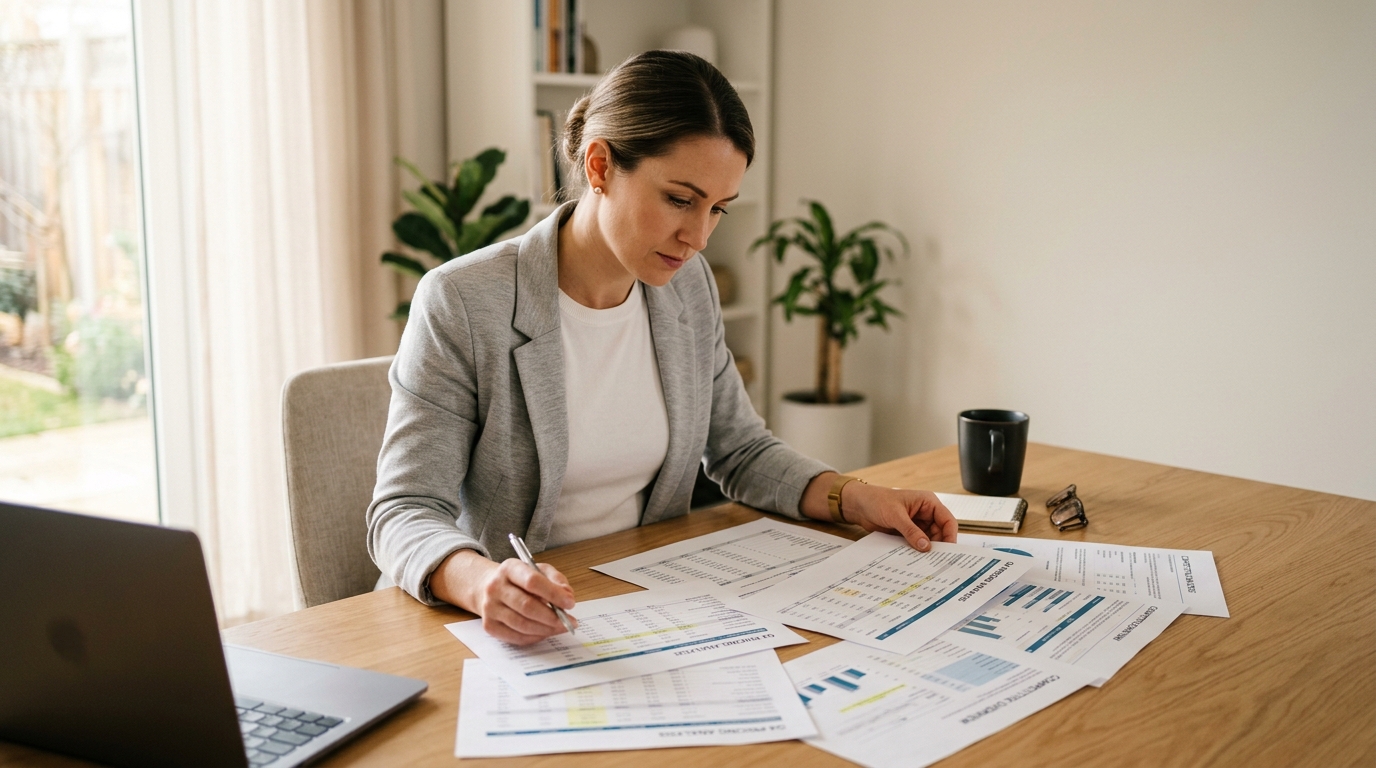 Business analyst reviewing WhatsApp Business API pricing documents at a desk