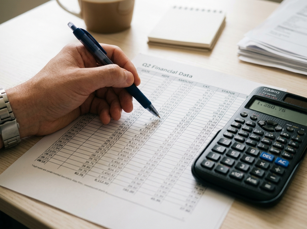 Close-up of printed rate tables and a calculator on a business analyst's desk