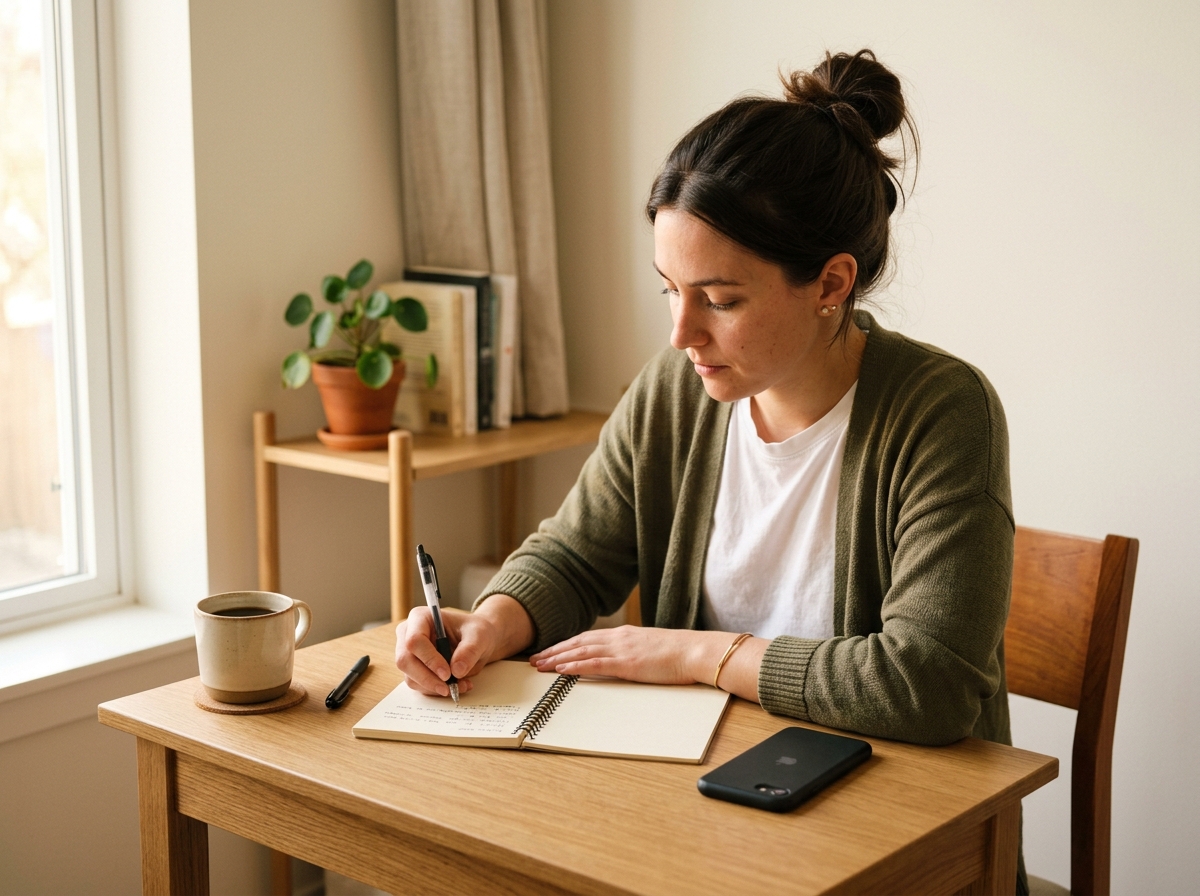 Small business owner working at a minimalist desk with a notepad and phone face-down