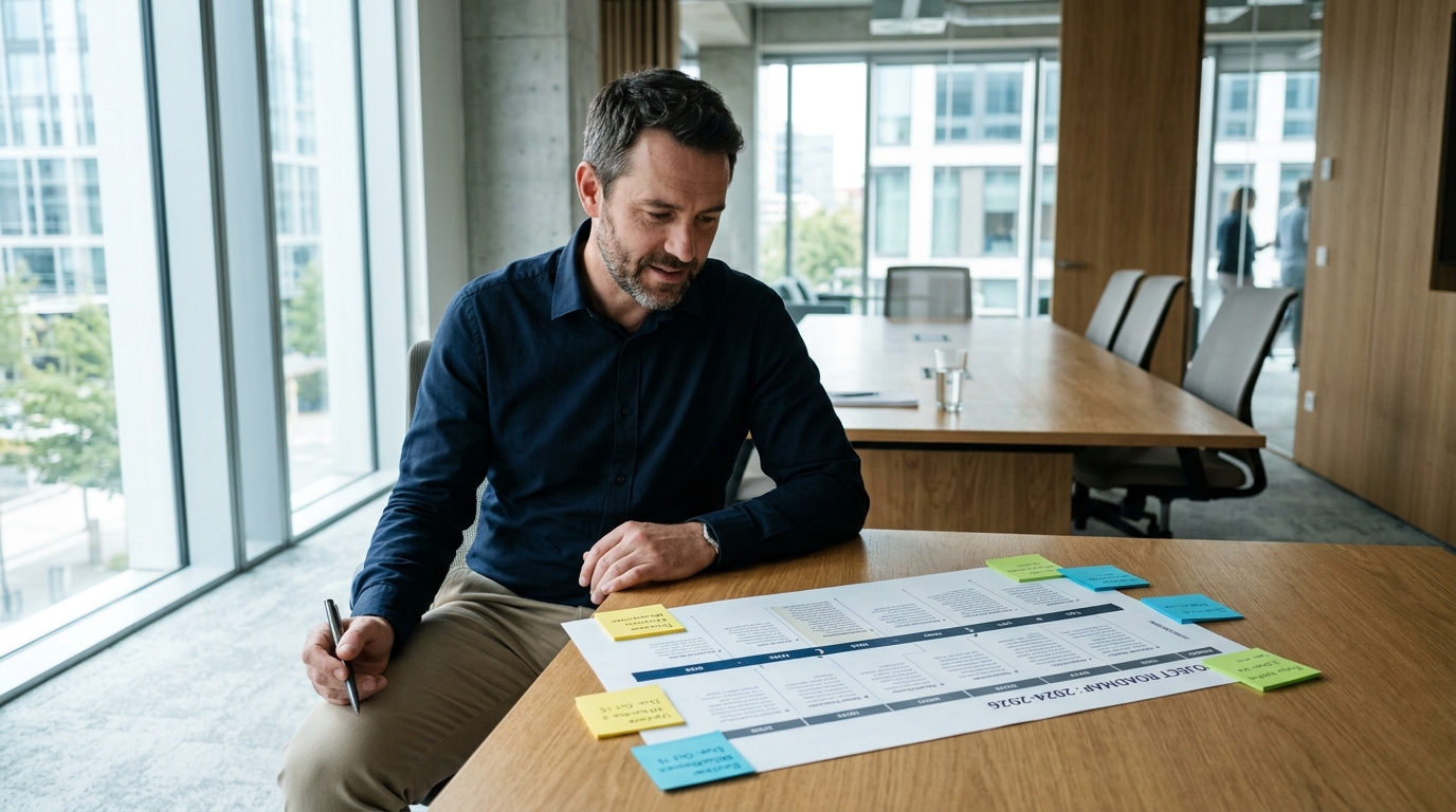 Professional reviewing a printed timeline on a conference table with documents and notes
