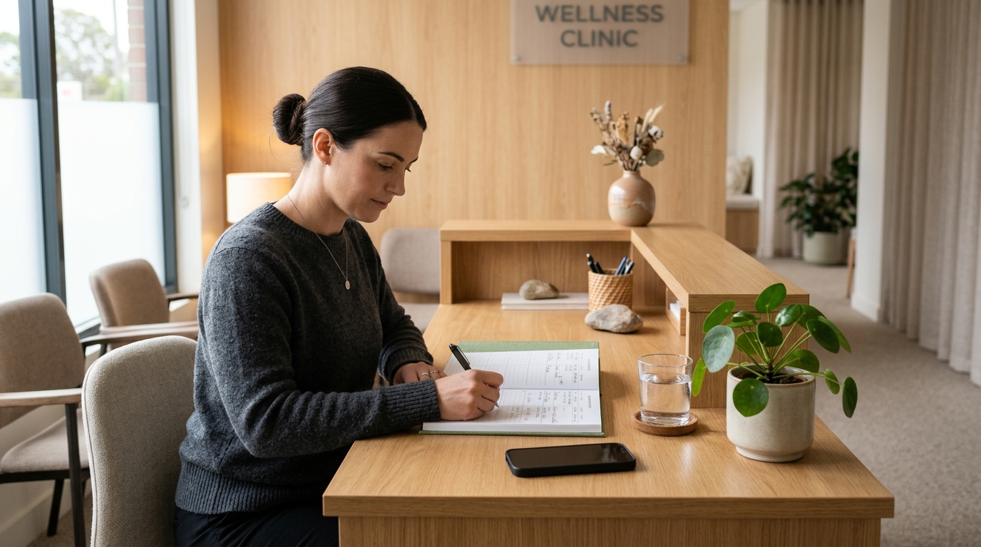 Clinic receptionist at a calm front desk with a phone face-down nearby