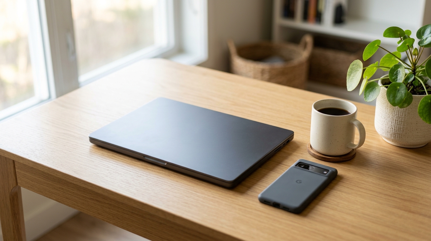 Developer desk with an angled laptop, printed documents and sticky notes