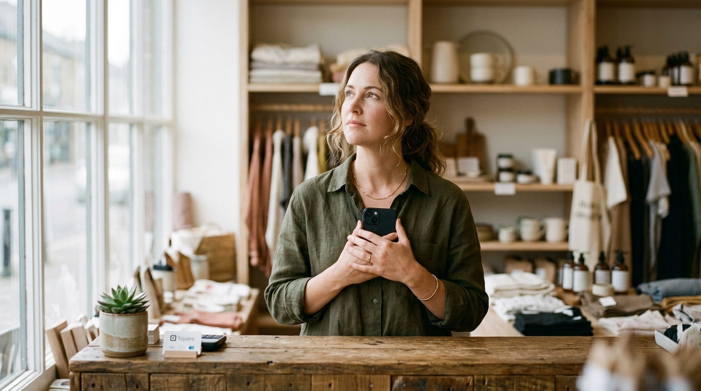 Small shop owner holding a phone at a counter in a quiet boutique