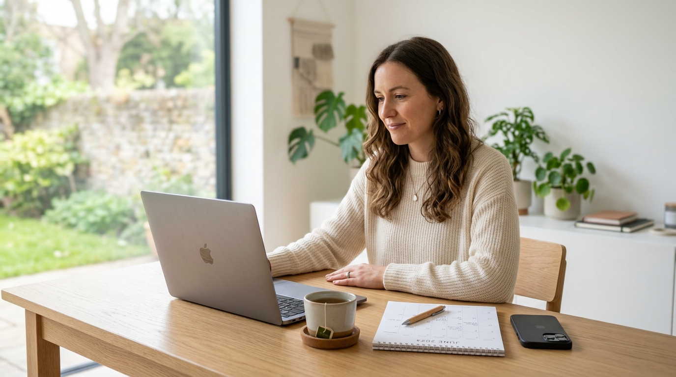 Small business owner at a laptop with a paper calendar, planning scheduled WhatsApp broadcasts