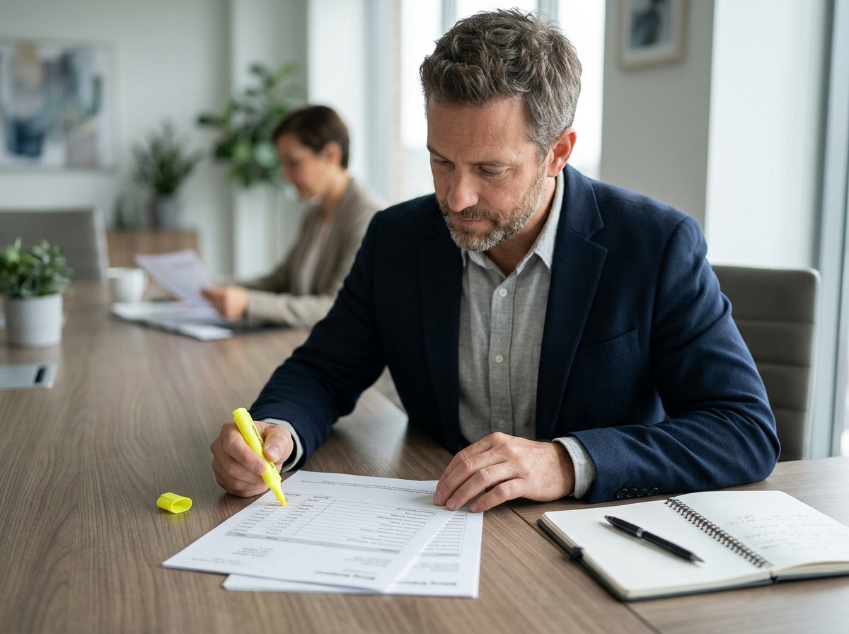 Finance lead reviewing a printed billing statement with a highlighter