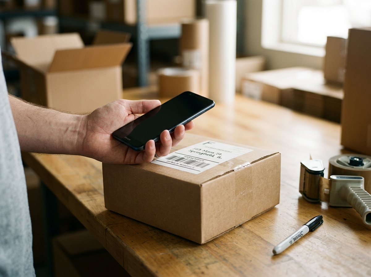Hand holding a smartphone face-up on a shipping desk beside a cardboard parcel