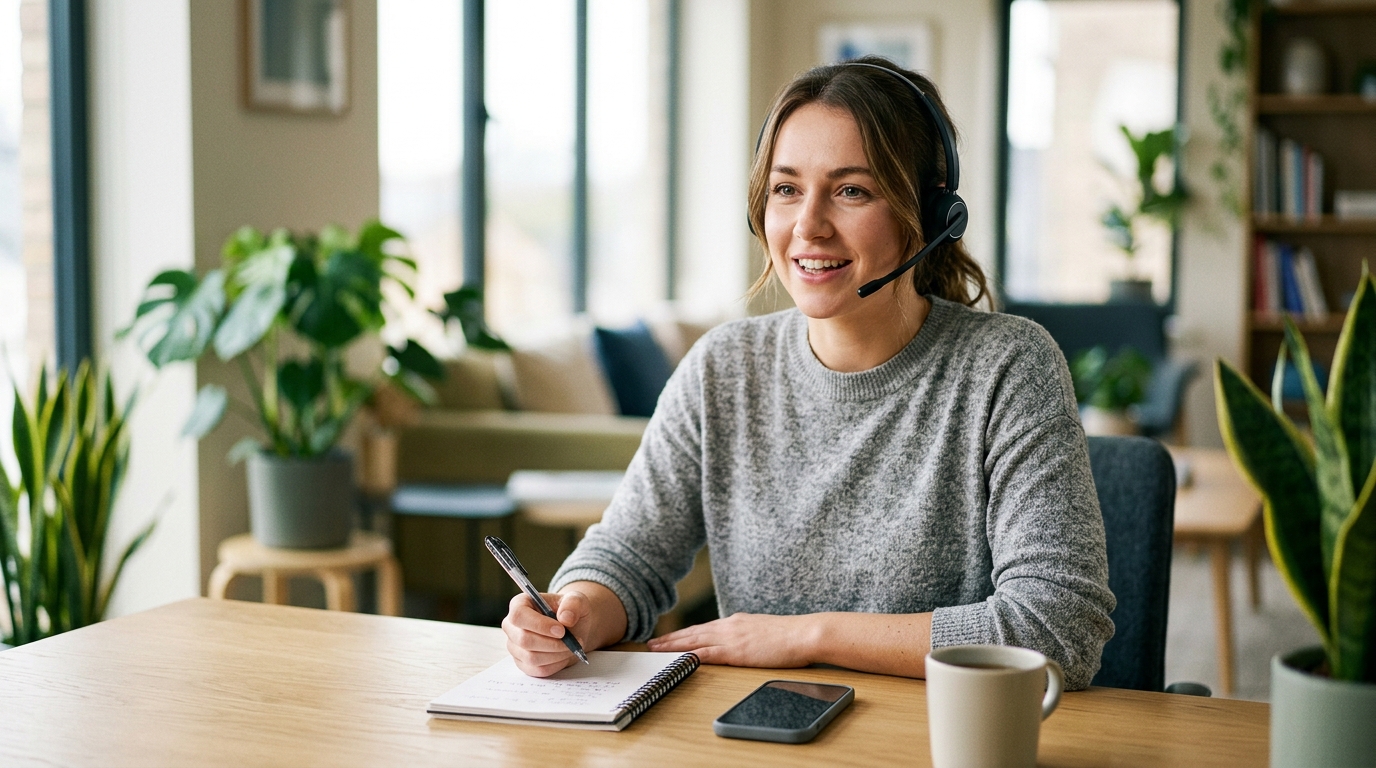 Customer support agent in a headset at a tidy desk with a face-down phone