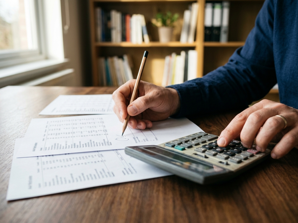 Person using a calculator to compare marketing message costs on paper worksheets
