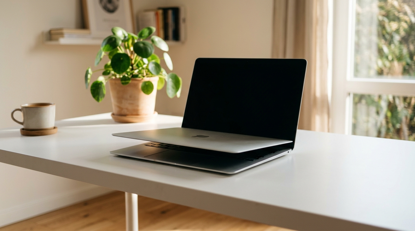 Laptop on a desk showing WhatsApp Web open, representing scheduled message sending
