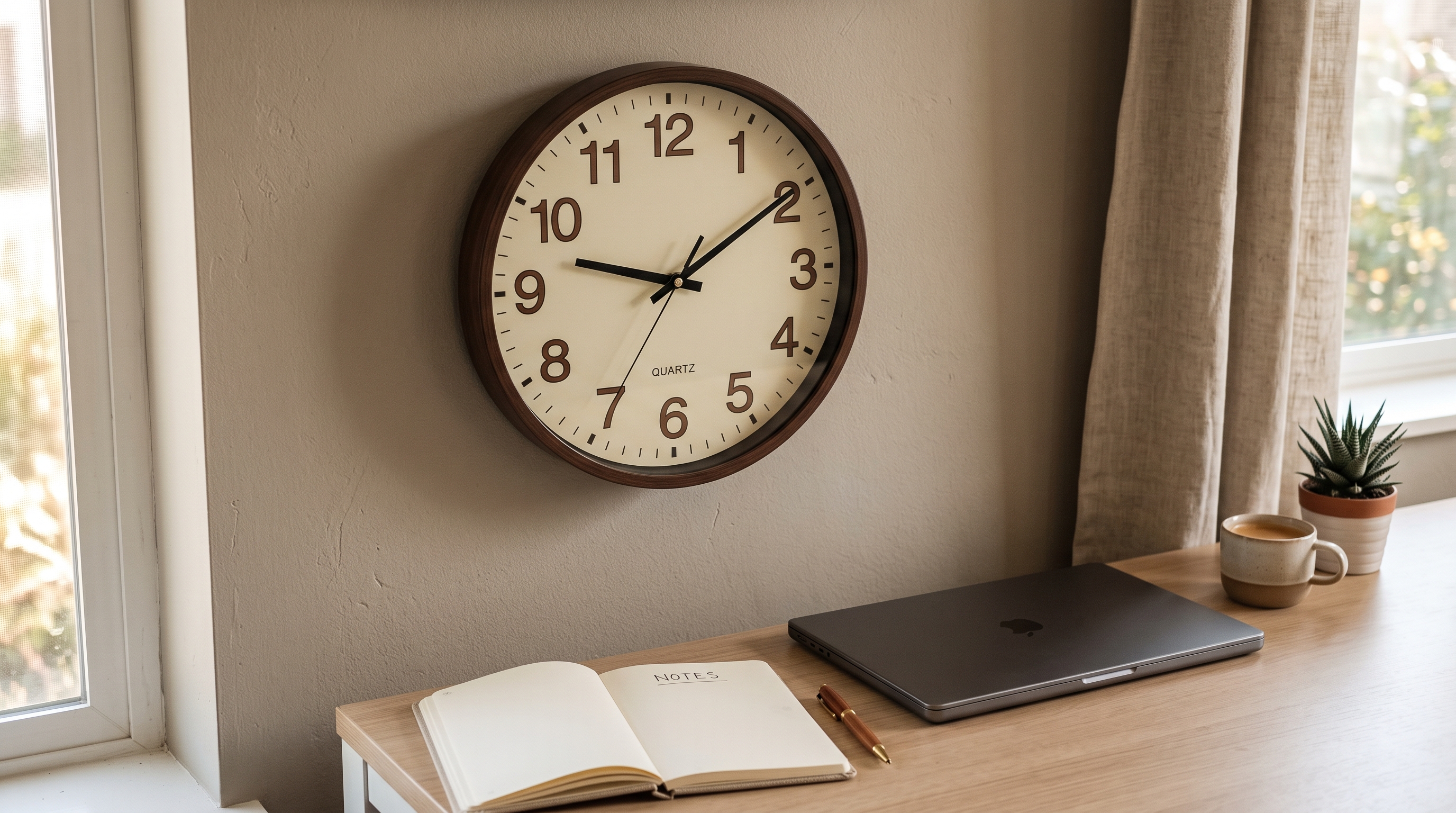 Analog wall clock beside a calm workspace representing paced and well-timed WhatsApp broadcast campaign sends