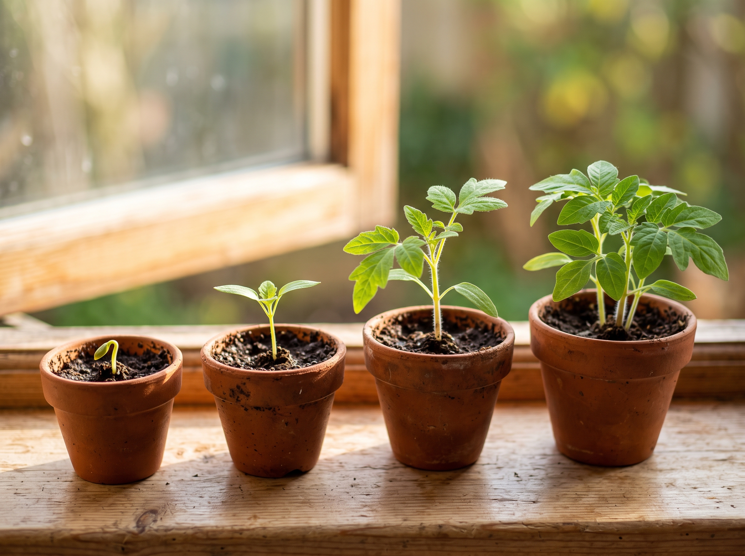 Row of small seedlings growing in gradual stages, a metaphor for warming a new WhatsApp number to avoid a ban