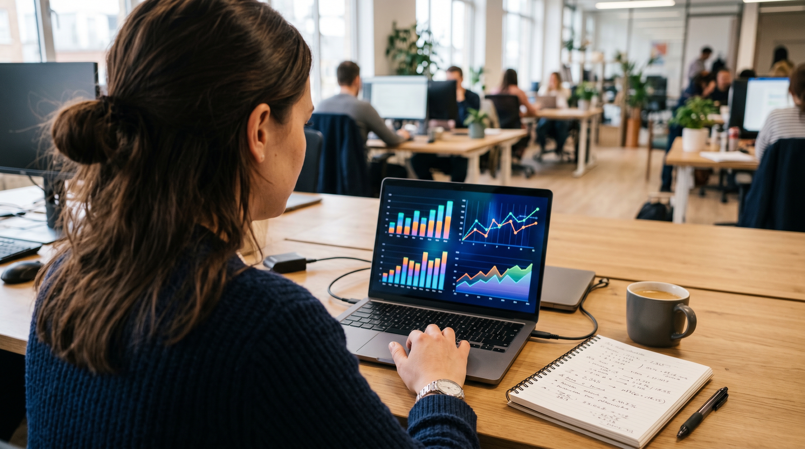 Analyst reviewing WhatsApp campaign analytics charts on a laptop at a desk