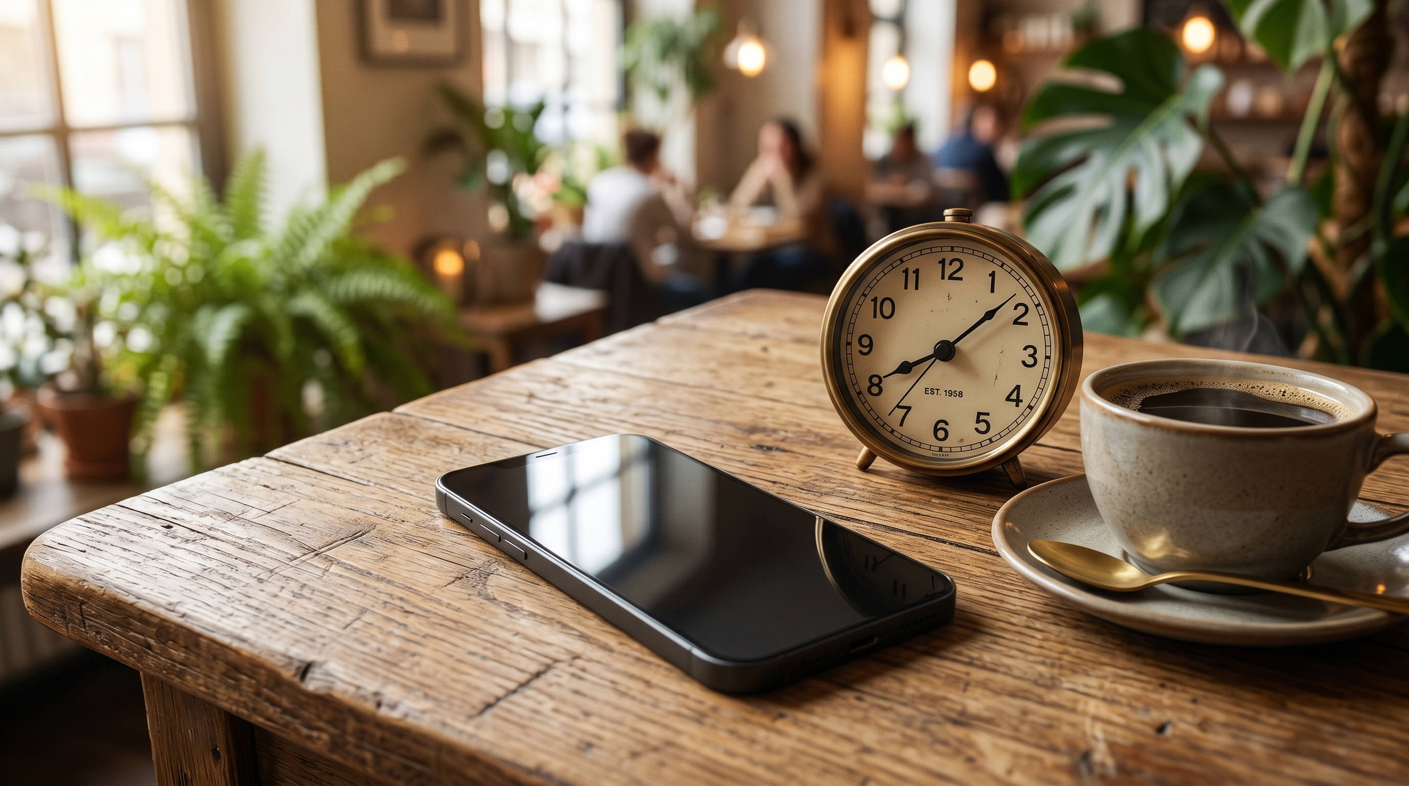 Smartphone and analog clock on a cafe table representing a timed WhatsApp drip campaign sequence