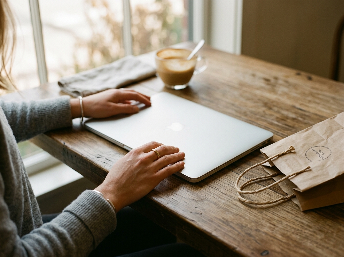 Close-up of hands near a laptop with a small shopping bag on a wooden desk