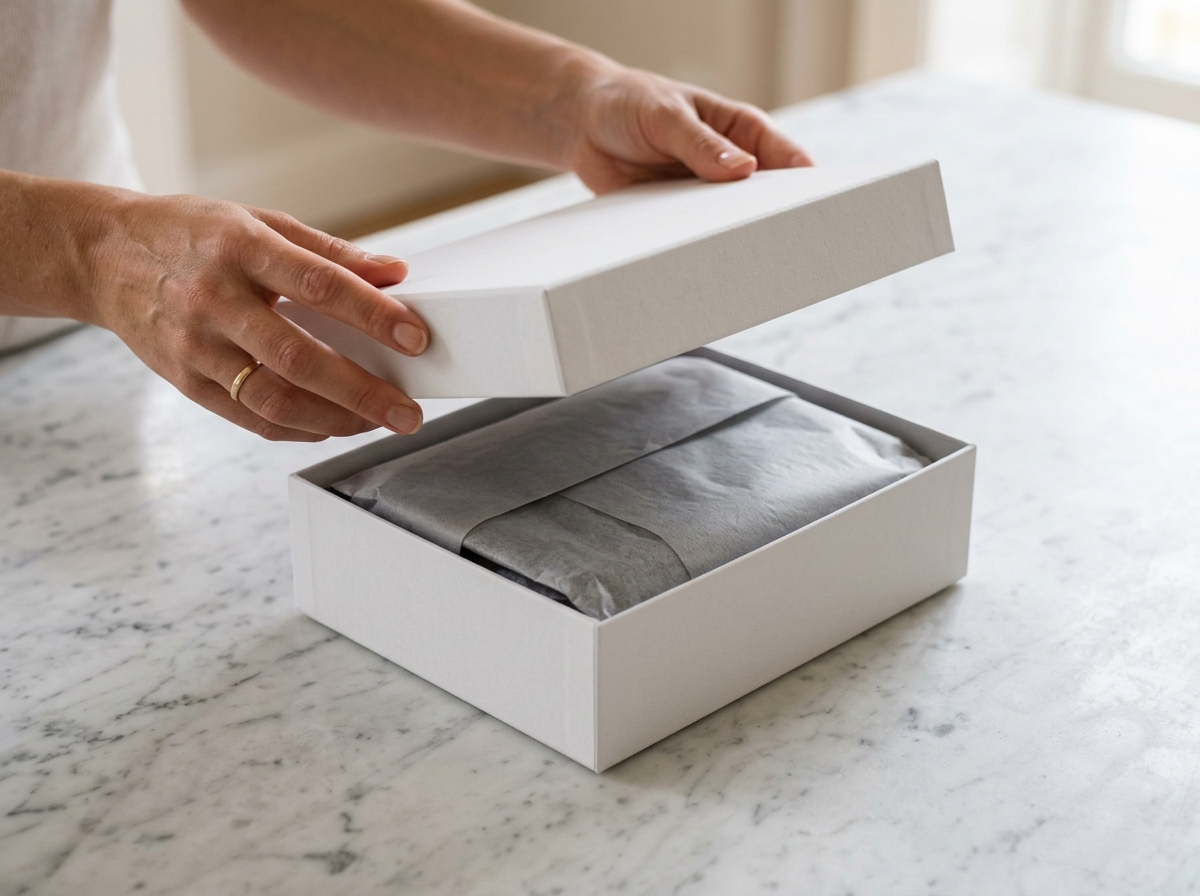 Hands unpacking a premium product from a white box on a marble surface