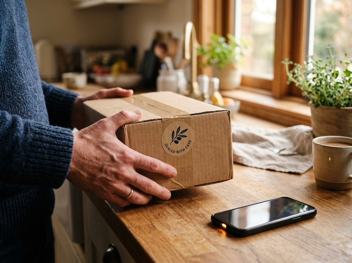 Customer holding a product package while receiving a message notification on a phone