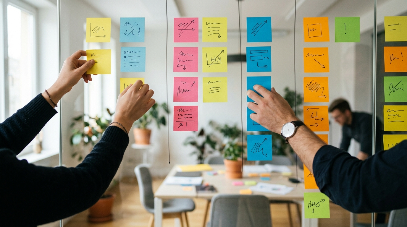 Hands arranging labeled sticky notes representing different WhatsApp follow-up sequence types on a glass wall