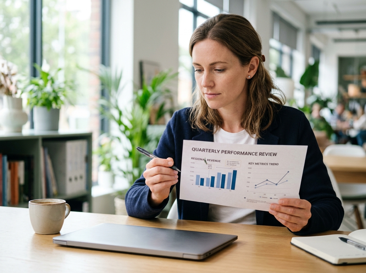 Analyst reviewing a printed WhatsApp drip sequence performance report with charts at a desk