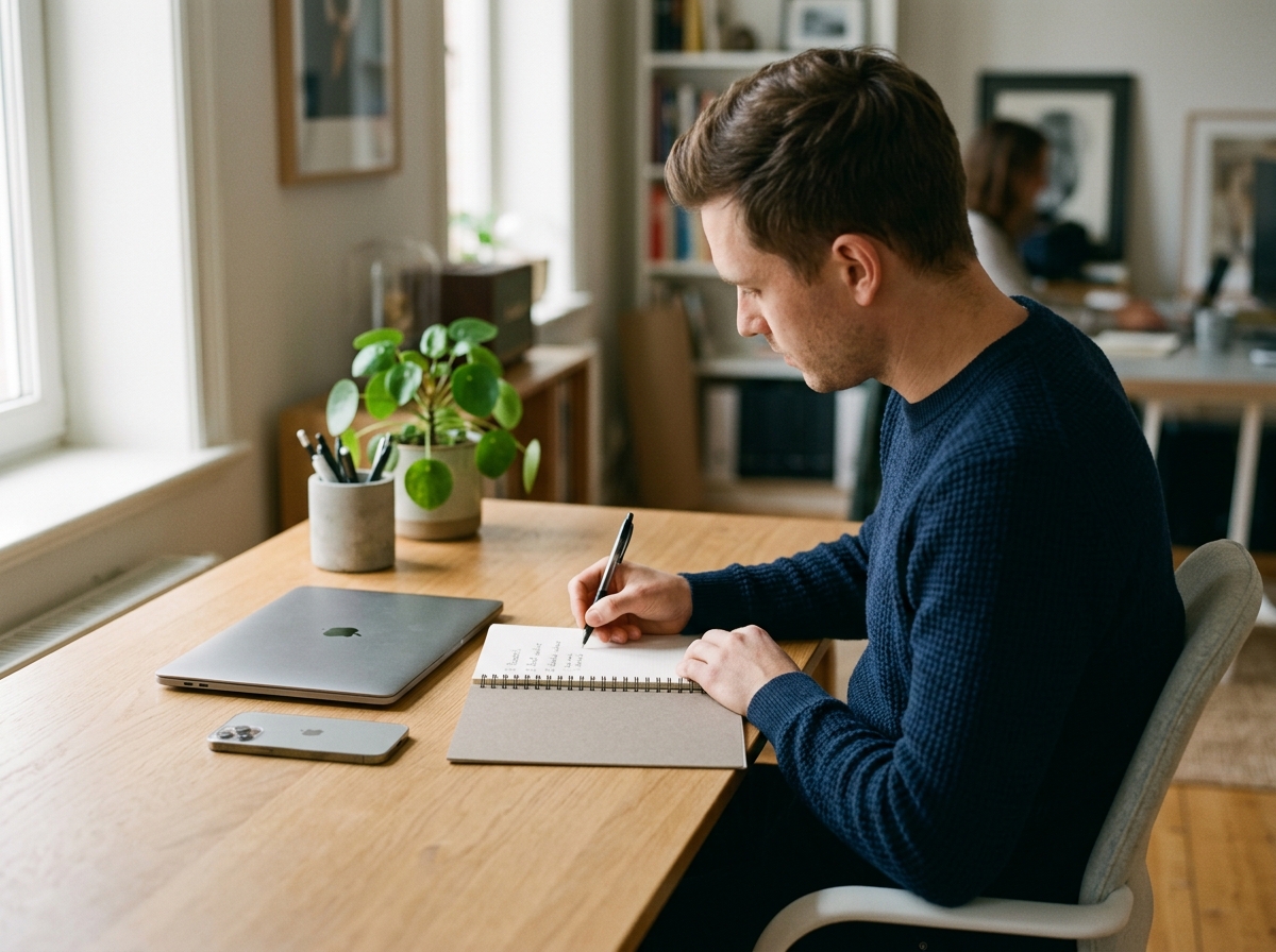 Marketer working through the steps to set up a WhatsApp automated follow-up sequence at a tidy desk