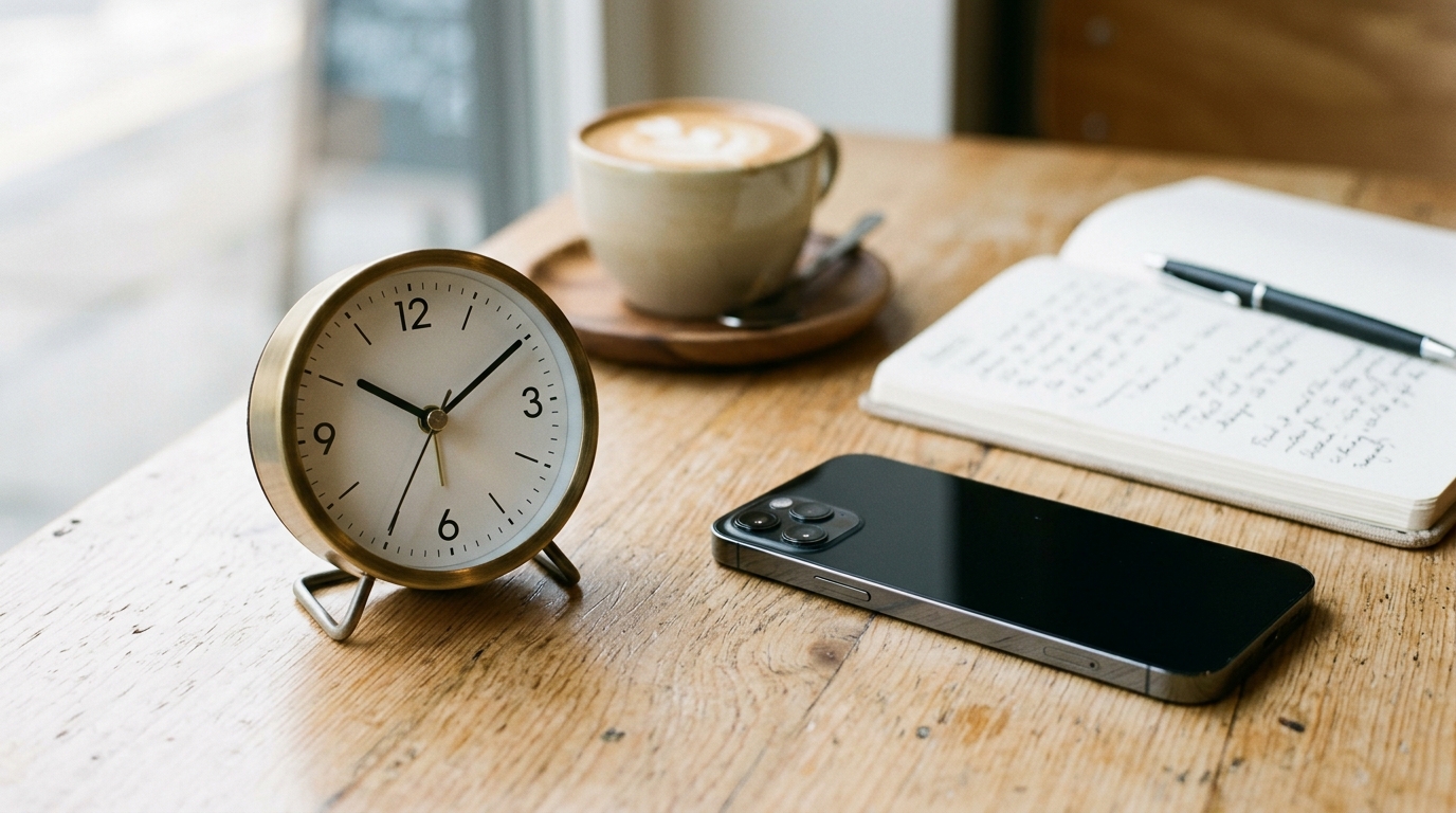An analog clock beside a face-down smartphone on a cafe table representing WhatsApp message timing and spacing