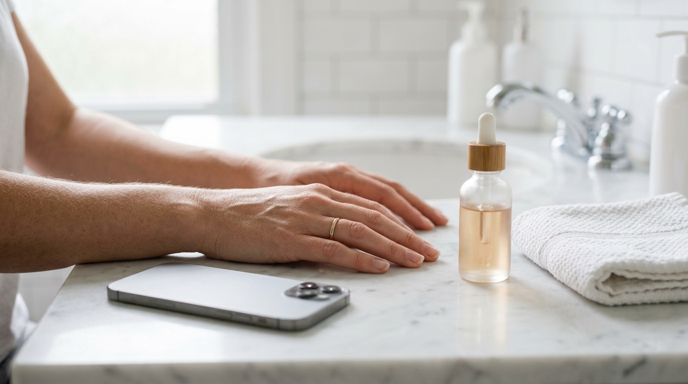 Customer holding a phone face-down beside a skincare bottle on a bathroom counter