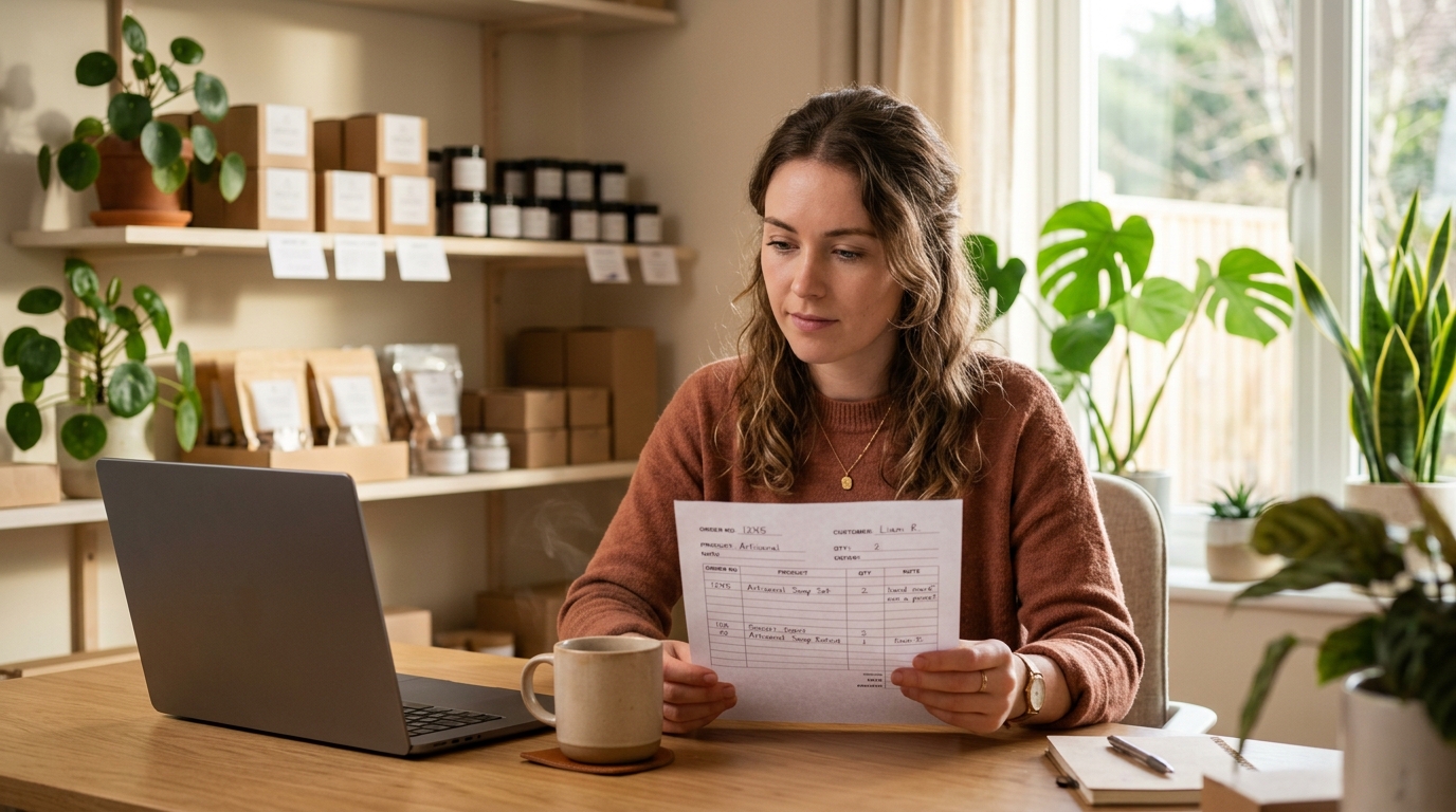 Small business owner reviewing order paperwork at a desk in a home office