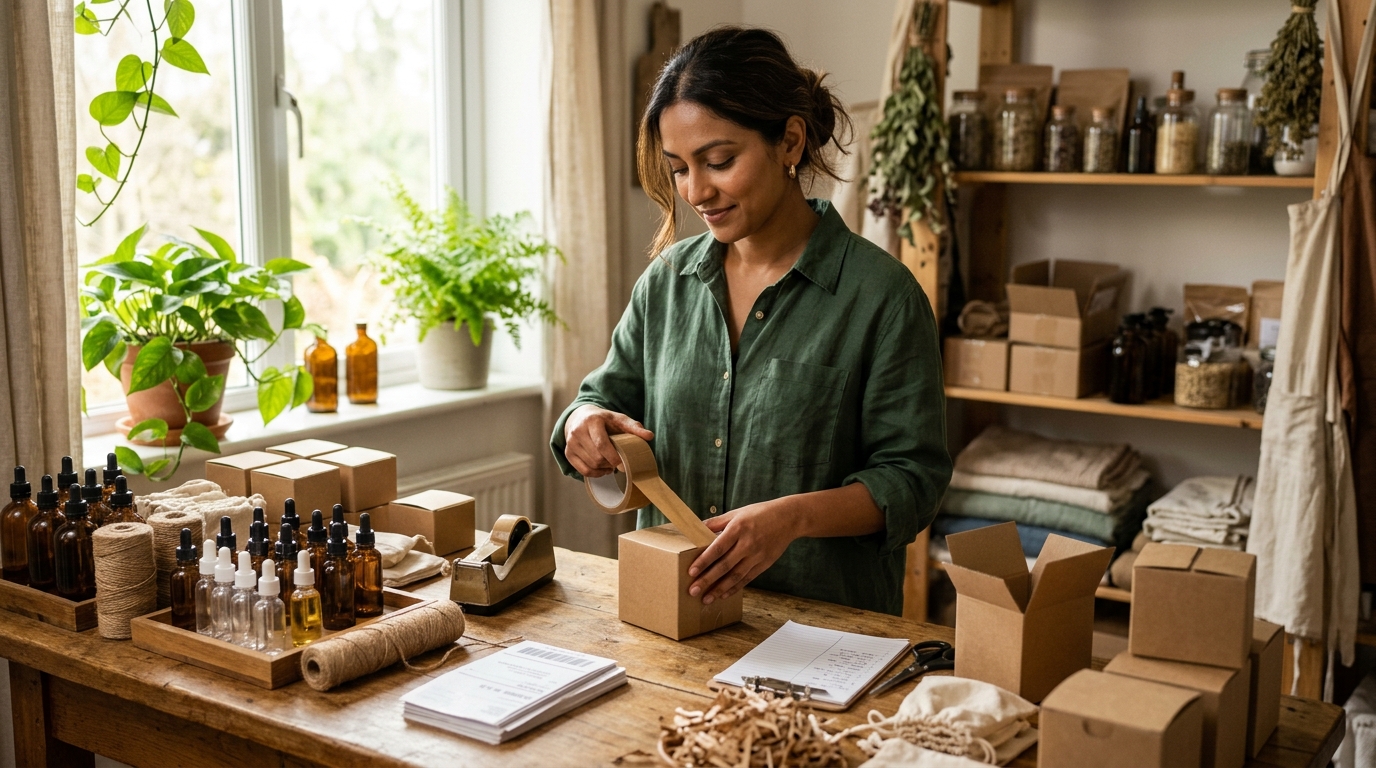 Skincare brand founder packing online orders at a workbench, illustrating whatsapp ecommerce automation
